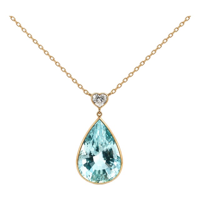 18k Yellow Gold Pear Aquamarine & Gia Diamond Necklace For Sale