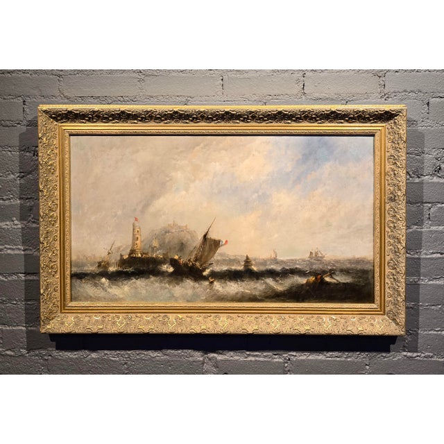 English Clarkson Stanfield–Dramatic English Lighthouse Seascape W/ French Ship-19th Century Oil Painting For Sale - Image 3 of 13