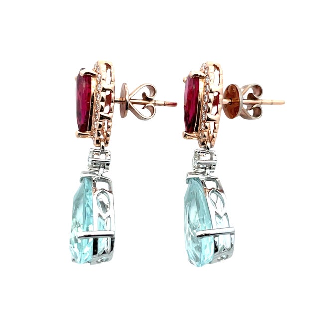 Early 21st Century 18k Gold Dangle Earrings With Aquamarine Rubellite and Diamonds, A Pair For Sale - Image 5 of 14