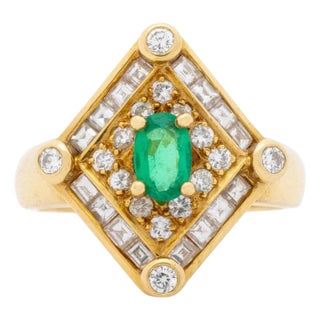 18k Yellow Gold, Emerald & Diamond Ring For Sale