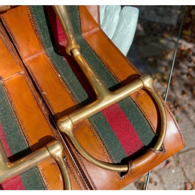 Modern 1970s Gucci Gold Plated Snaffle Bit Leather Bookends - A Pair For Sale - Image 3 of 11