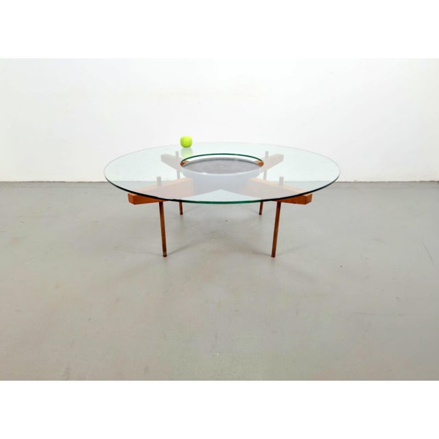 1970s Round Glass Coffee Table with Wood X-Base, 1970 For Sale - Image 5 of 17