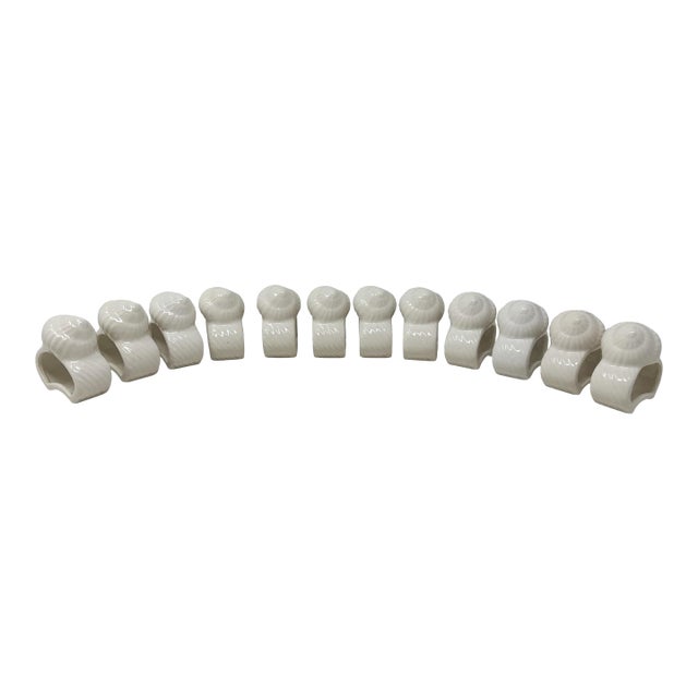 Vintage White Ceramic Seashell Napkin Rings - Coastal Table Decor - Set of 12 For Sale