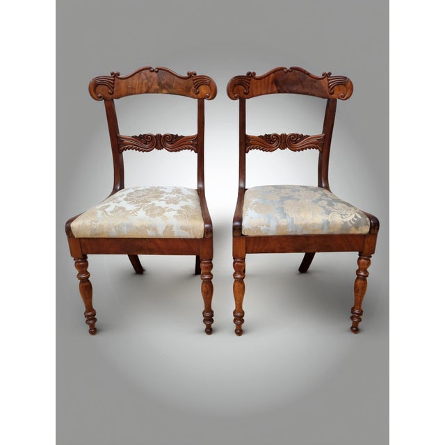 Set of 2 Regency/ WilliamIV/ Sheraton solid mahogany cornucopia side chairs, English c.1830-1840. Elegant carved and...