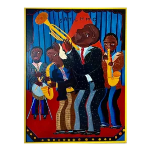 Malcah Zeldis, Large Malcah Zeldis Folk Art Oil Painting Jazz Great "Satchmo" Louis Armstrong, 1974