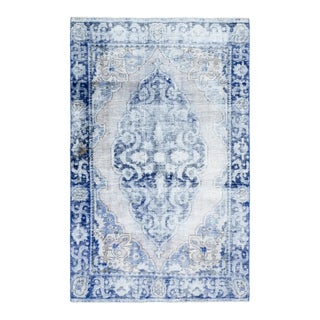 1970s Vintage Turkish Oushak Handmade Wool Cotton Blue Area Rug For Sale