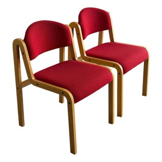 Pair of Vintage Danish Duba Bentwood Dining Chairs Red Upholstery Scandinavian Modern For Sale