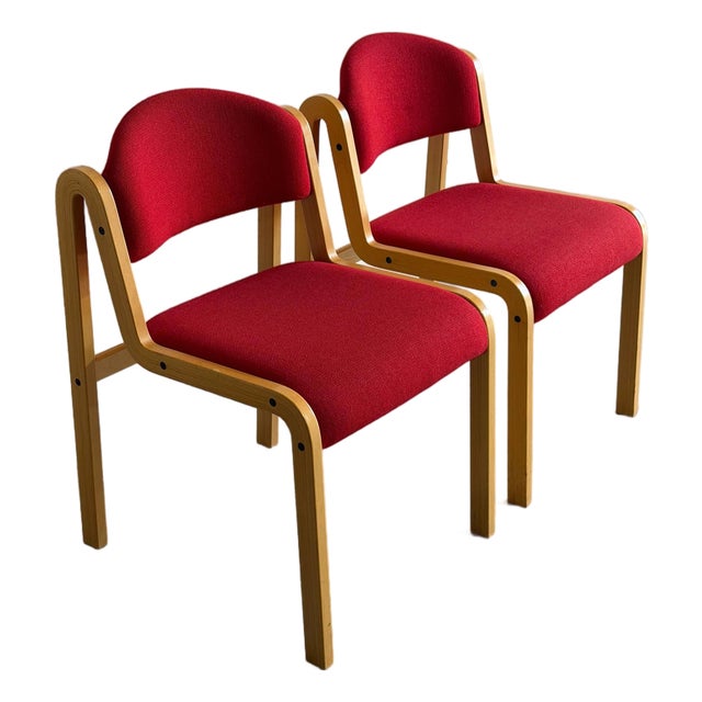 Pair of Vintage Danish Duba Bentwood Dining Chairs Red Upholstery Scandinavian Modern For Sale