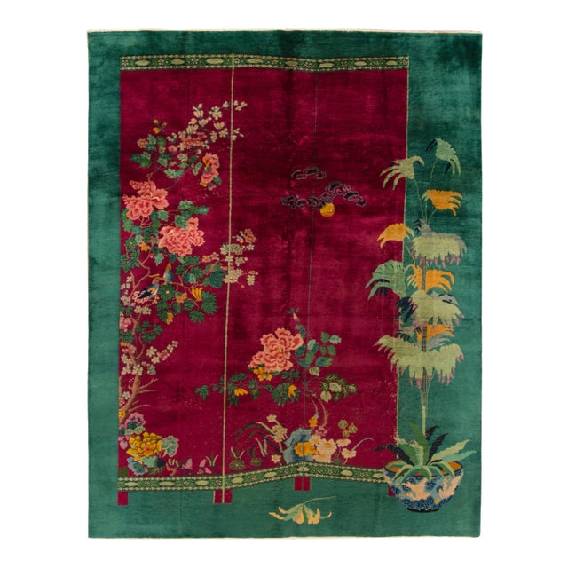 Vintage Colorful Art Deco Chinese Wool Rug 10 Ft 10 in X 12 Ft For Sale