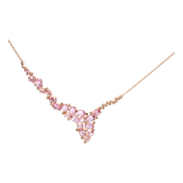 18K Rose Gold 1/2 Cttw Brown Diamond and Multi-Size Oval Pink Sapphire Cluster Cascade Statement Station Necklace - Adjustable up to 14" to 16" For Sale