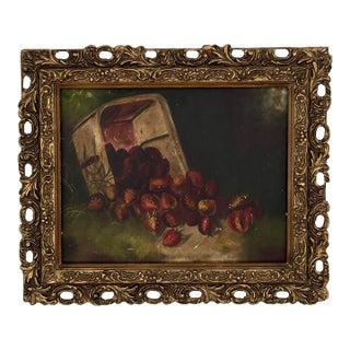 Antique 1892 Strawberry Still Life Oil Painting Signed Ornate Gilt Frame For Sale