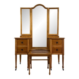 Vintage Birdseye Maple Vanity Dressing Table With Triple Mirror and Matching Cane Stool For Sale