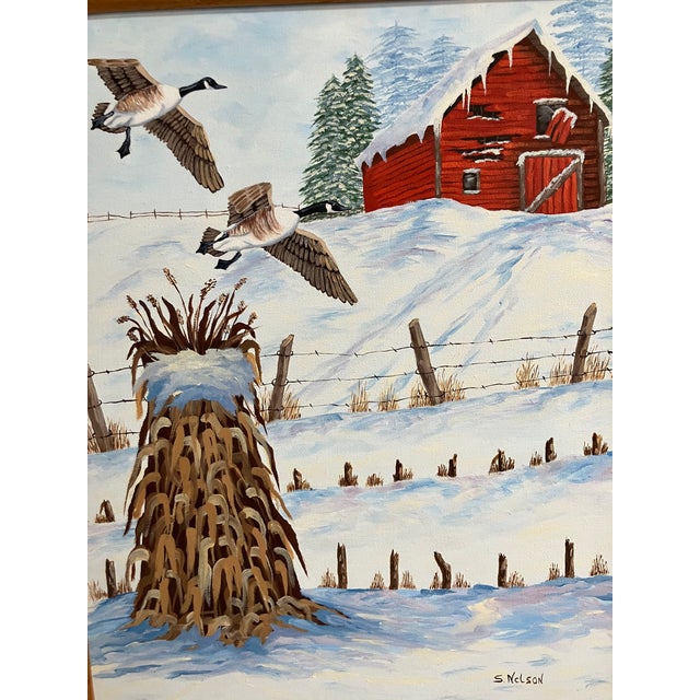 Original Winter Farm Landscape Painting by S. Nelson – Farmhouse Barn & Flying Geese For Sale In Orlando - Image 6 of 8