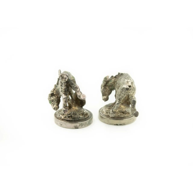 Highly stylized pair of vintage silver plate donkey menus, place cards, or card holders. Great detail to their facial...