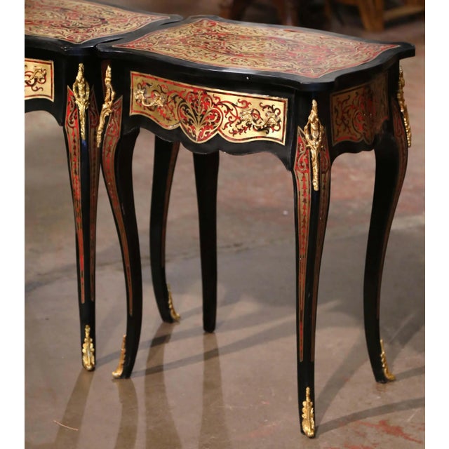 French Pair of Mid-Century Louis XV Boulle Style Blackened and Brass Inlay Side Tables For Sale - Image 3 of 12