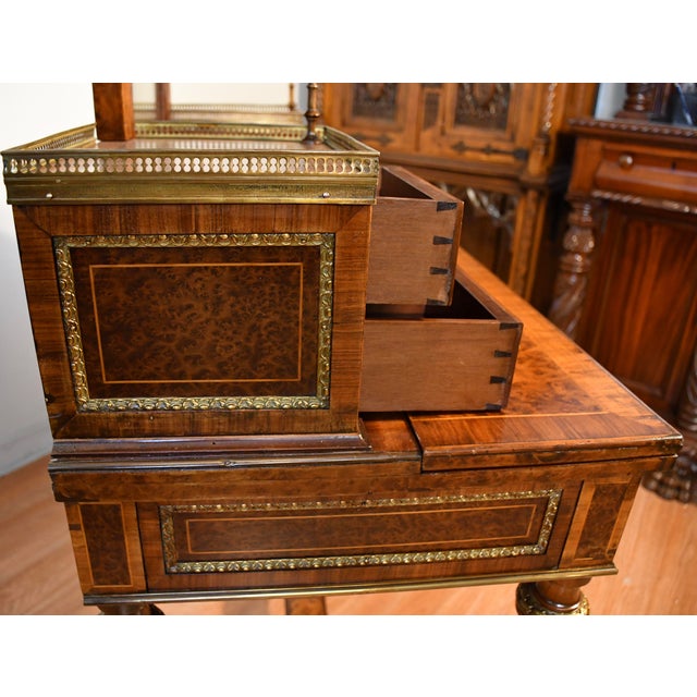 1900s Antique French Louis XVI Burl Walnut Satinwood Inlay Writing Desk For Sale - Image 15 of 18