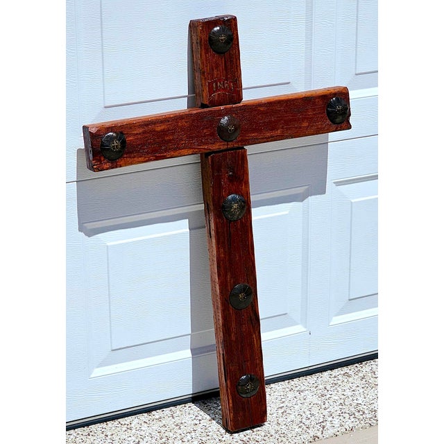 Rustic Handcrafted Oak Wall Cross With Decorative Clavos For Sale In Naples, FL - Image 6 of 13