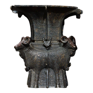 Bronze Gilded Four Rams Square Zun, Archaic Style Ritual Vessel