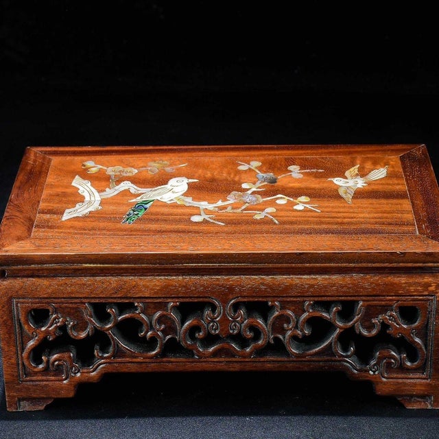 Chinese Vintage Chinese Huali Rosewood Inlaid "Magpie on Plum" Tea Table / Display Stand For Sale - Image 3 of 9