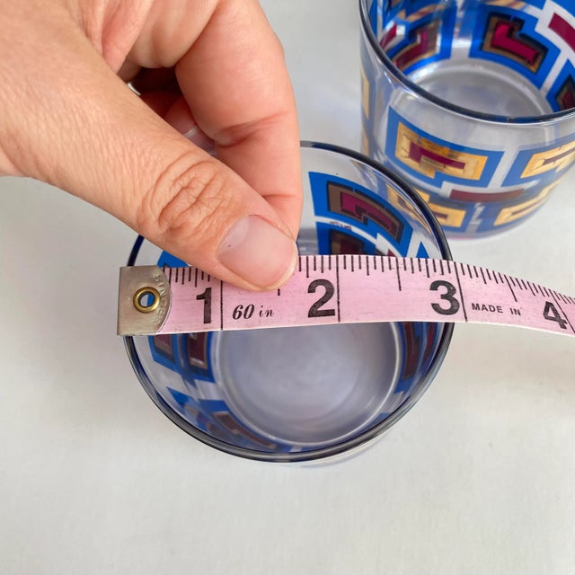 Glass Vintage Berta Barware Greek Key Gold, Blue & Magenta MCM 60s Lowball Glasses - Set of 8 For Sale - Image 7 of 9