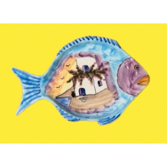 Beautiful vintage Fish shaped plates, handcrafted in Greece with a beautiful coastal design of ocean blue and White House...