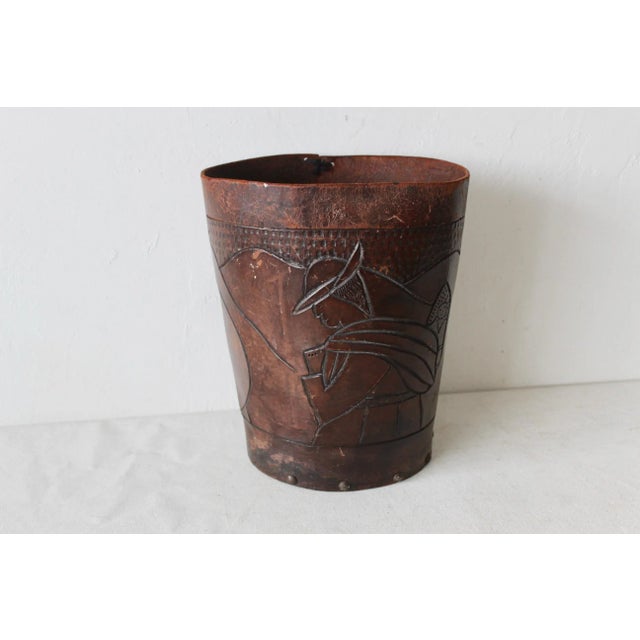 Handcrafted Distressed Leather Nailhead Carved Peruvian Souvenir Wastebasket Vintage For Sale - Image 10 of 12