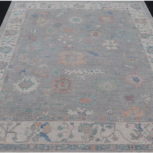 2020s All Over Modern Floral Oushak With a Light Blue-Gray Field and Border With Color For Sale - Image 5 of 12