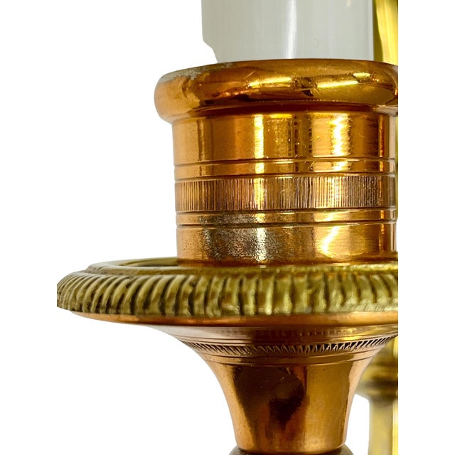 Vintage Pair of Brass & Copper Neoclassical Double-Arm Wall Sconces With Pleated Silk Shades For Sale - Image 11 of 18