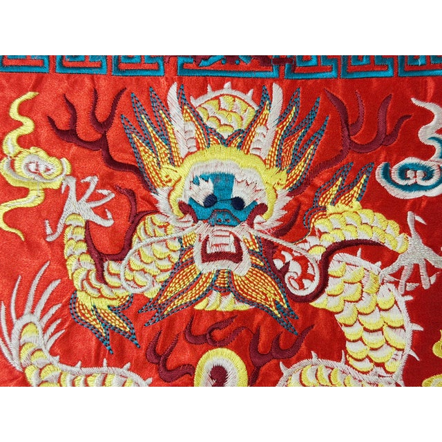 1980s Asian Square Red Golden Dragon Bats Yu Ri Edge Fabric Display Art For Sale - Image 5 of 7