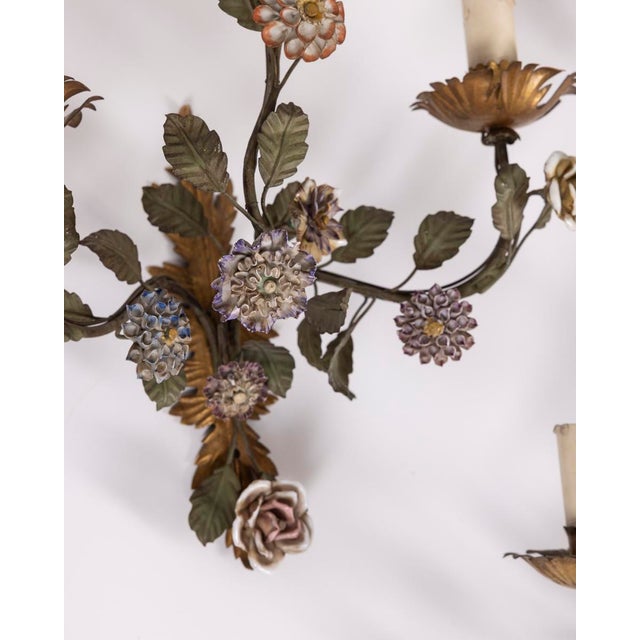 Vintage Italian Floral Wall Lamps in Iron and Porcelain, 1950s, Set of 3 For Sale - Image 10 of 16