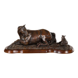 Signed Suzanne Fiedler Cast Bronze Sculpture of a Mare and Her Foal Dated 1974 For Sale