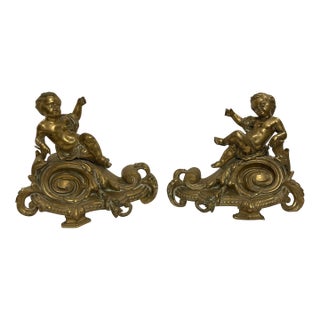 Pair of Mid 19th Century Bronze Putti Rococo Chenets For Sale