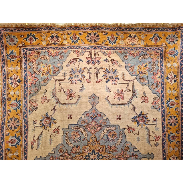 Vintage Turkish Oushak Rug, Handwoven Geometric Pattern, Ivory & Blue, 8' x 11' For Sale - Image 15 of 18