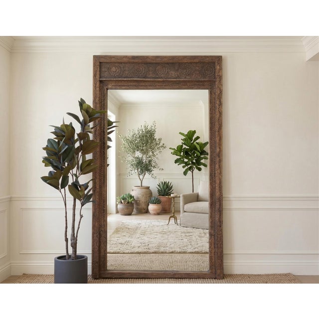 Indian Open Lotus Monumental Antique Floor Mirror For Sale - Image 3 of 8