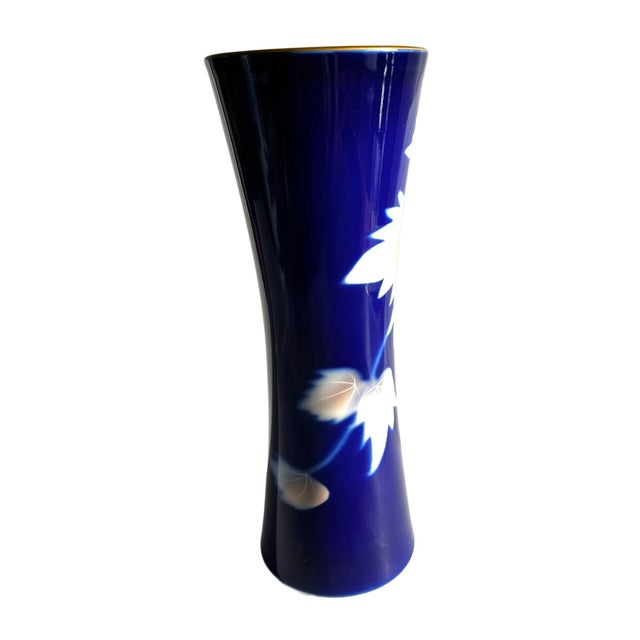 Ceramic 1960s Fukugawa Vase in Cobalt Blue Glaze and Pink Leaves For Sale - Image 7 of 16