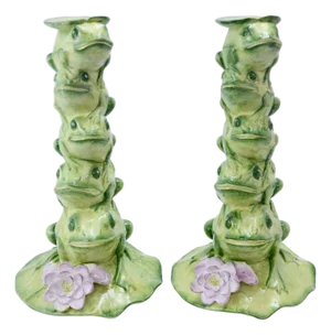 Italian Ceramic Frogs 12" Candlesticks - Pair