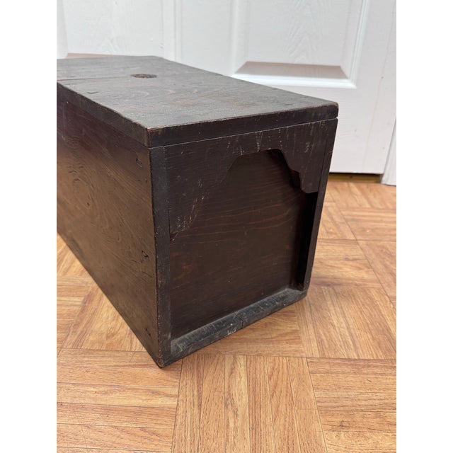 Antique Japanese Wooden Storage Box | Rustic Meiji–Taisho Dark Stained Cedar Chest With Iron Hasp | Small Wabi-Sabi Trunk For Sale - Image 4 of 10