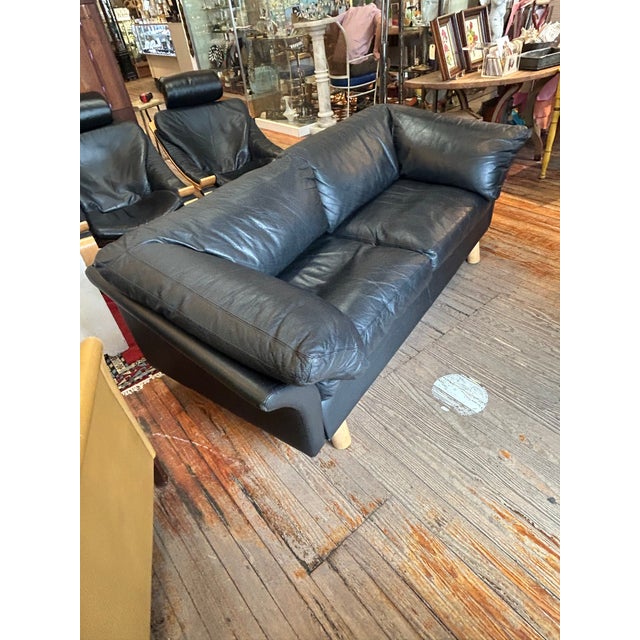 1970s Scandinavian Midcentury Modern Black Leather Sofa by Stouby For Sale - Image 5 of 17