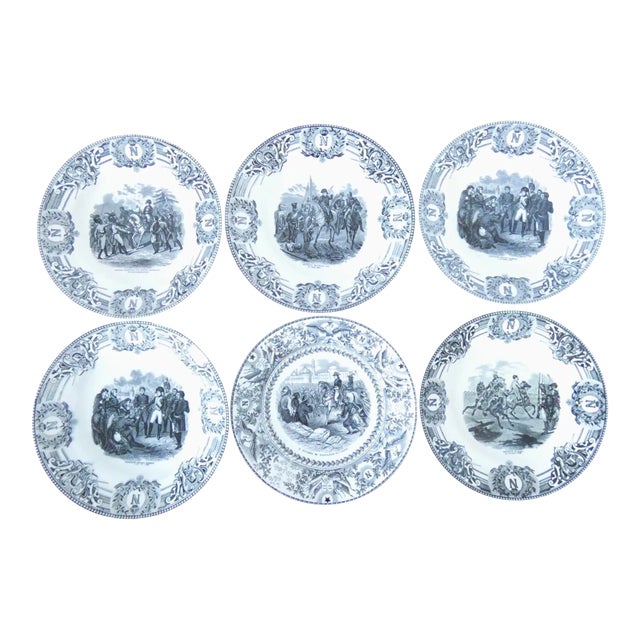 Antique 1900s Transferware Plates Ironstone Black and White - Set of 6 For Sale