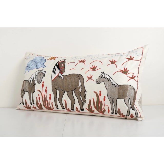 Mid-Century Modern Suzani Horse Cushion Cover 18'' X 34'' For Sale - Image 3 of 5