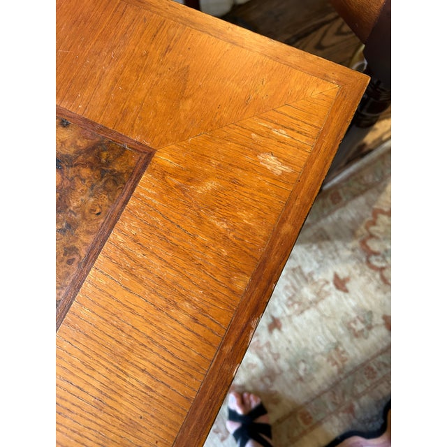 Handsome Vintage Burl and Inlaid Desk With Ebonized Base For Sale - Image 4 of 11