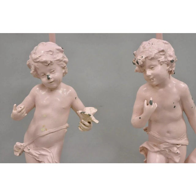 Antique French Renaissance Figural Spelter Metal Figural Cherub Table Lamps Pair For Sale - Image 4 of 12