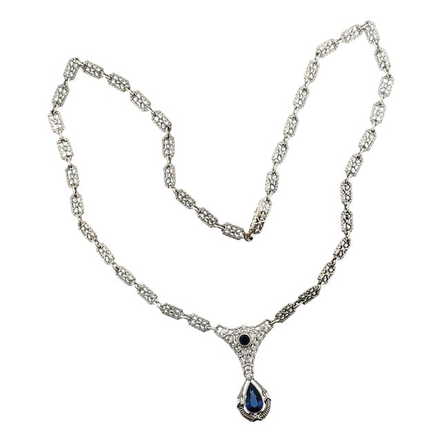 Early 20th Century Edwardian Platinum and 14k White Gold Sapphire Necklace For Sale