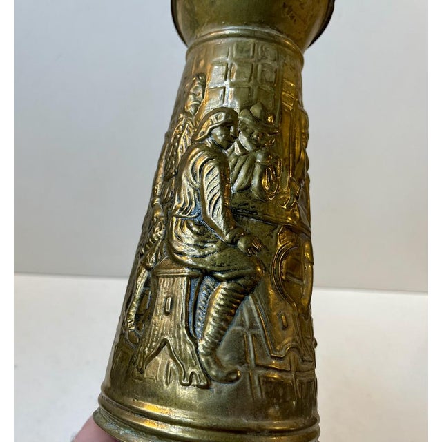 English Brass Pitcher with Medieval Embossed Micro-Cosmos, 1950s For Sale - Image 3 of 10