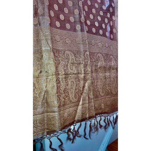 Gold Paisley Silk Jacquard Decorative Organza Throw Shawl For Sale - Image 4 of 6