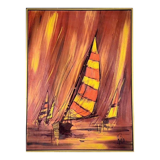 1970s Vintage Mid Century Modern Fiery Orange Abstract Sunset Sailboats Nautical Oil Painting Framed For Sale