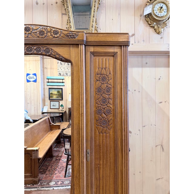 Traditional Vintage Carved Wood Armoire With Mirrored Door For Sale - Image 3 of 10