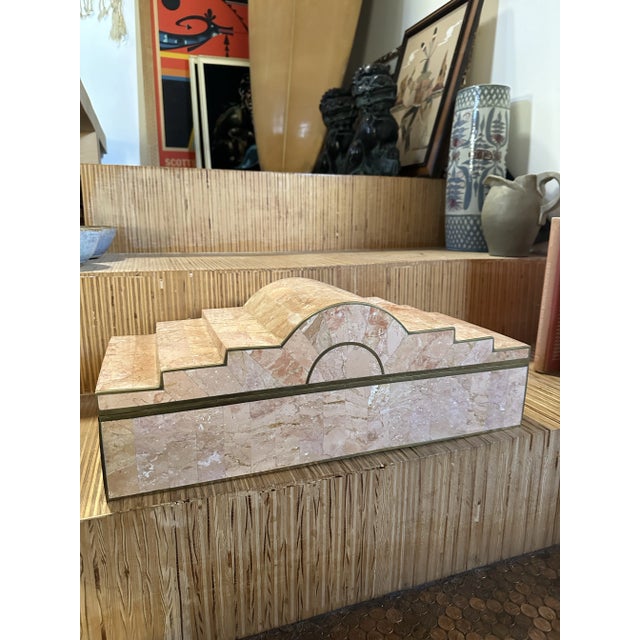 Art Deco Late 20th Century Tessellated Pink Marble Dresser Top Box Maitland Smith Attributed For Sale - Image 3 of 7