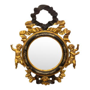 Italian 20th C. Rococo Style Ebonized & Giltwood Mirror W/ Putti & Candle Arms