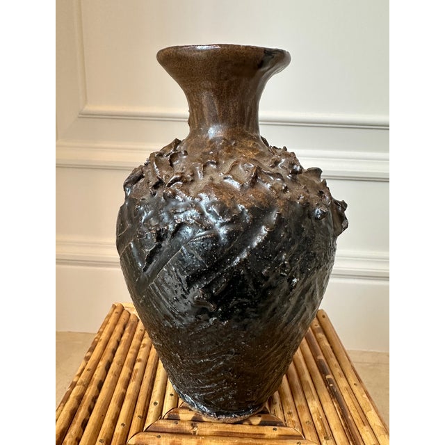 1970s Vintage 1970’s Signed Brutalist Ceramic Vase in Brown For Sale - Image 5 of 14